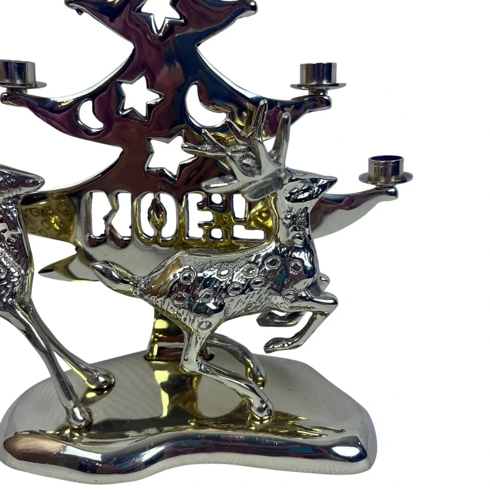 Vintage‎ Brass Christmas Tree Candelabra Reindeer Noel Candle Holder